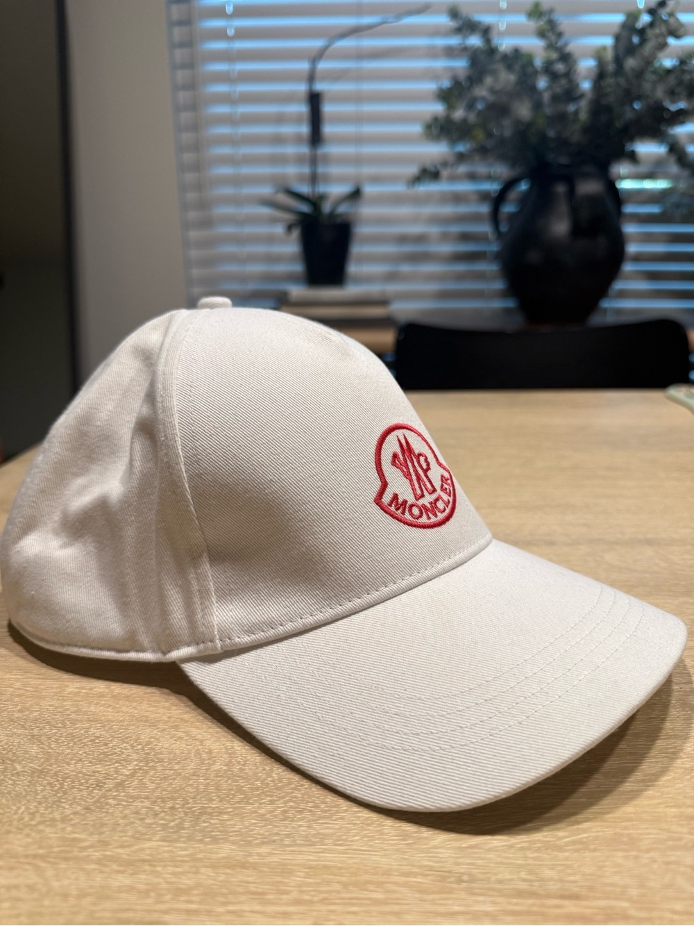 Moncler White Cap with Red Logo Trim